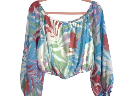 Pink Lily Coral Blue Green Lavender Tropical Leaf Print Cropped Off the Shoulder Top and Maxi Skirt Set- Size M (sold as a set) Hot on Sale