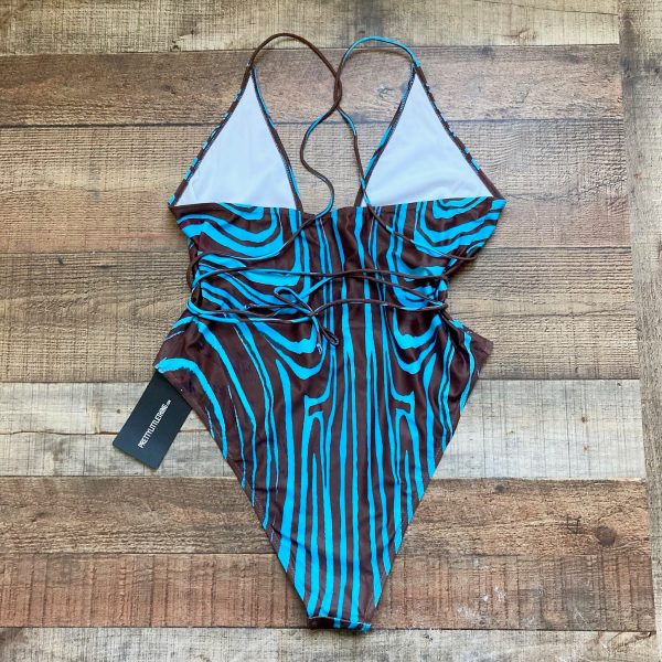 Pretty Little Thing Blue and Brown Abstract Marble Strappy Plunge Cross Halterneck One Piece NWT- Size 16 (US 12) Discount