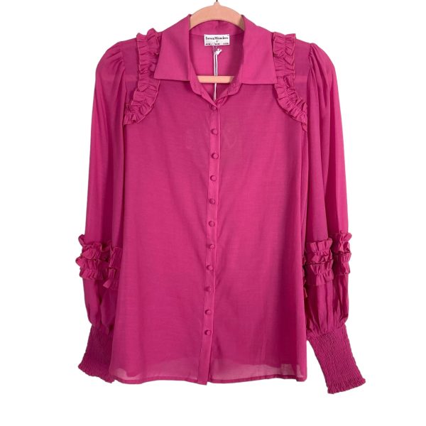 Seven Wonders Fuchsia Ruffle with Smocked Cuffs Button Up Blouse NWT- Size 4 For Sale