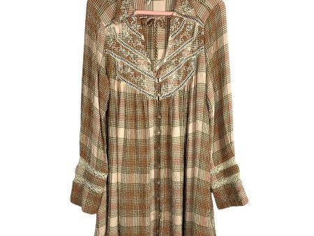 Free People Pinks Plaid Embroidered Tie Front Button Up Dress- Size M Supply