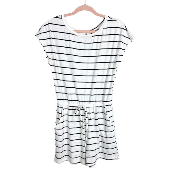 Pretty Garden White Black Striped Off the Shoulder Drawstring Waist Romper- Size S Hot on Sale