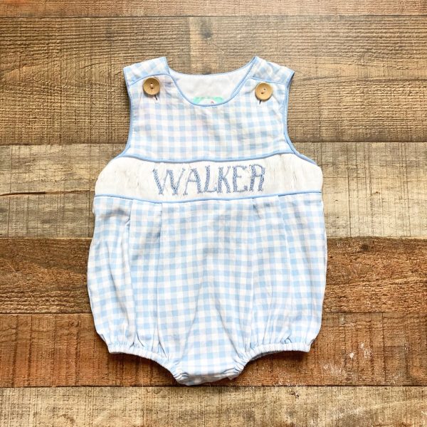 The Smocked Flamingo Blue White Checked Smocked Walker Bubble- Size 6M (see notes) Discount