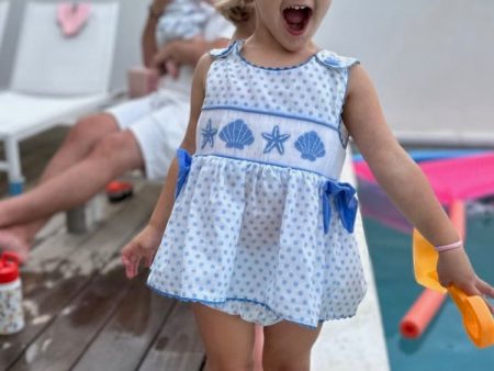 The Smocking Place Blue and White Polka Dot Smocked Shell Short Set- Size 3T (see notes) on Sale