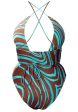 Pretty Little Thing Blue and Brown Abstract Marble Strappy Plunge Cross Halterneck One Piece NWT- Size 16 (US 12) Discount