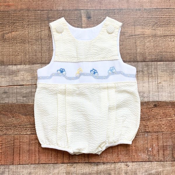 Stitchy Fish Yellow Seersucker Cars Smocked Bubble- Size 6M Online now