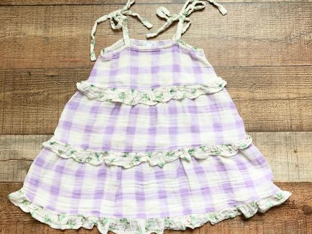 Angel Dear Muslin Purple and White Check with Floral Trim Shoulder Tie Dress- Size 3T Online Hot Sale