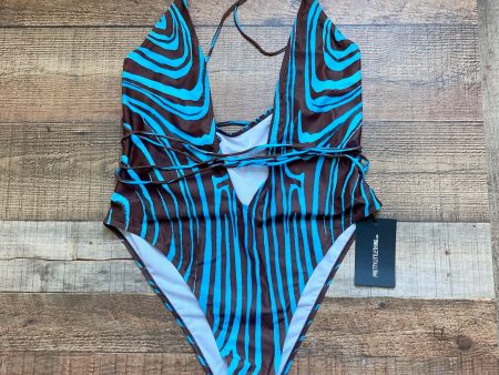 Pretty Little Thing Blue and Brown Abstract Marble Strappy Plunge Cross Halterneck One Piece NWT- Size 16 (US 12) Discount