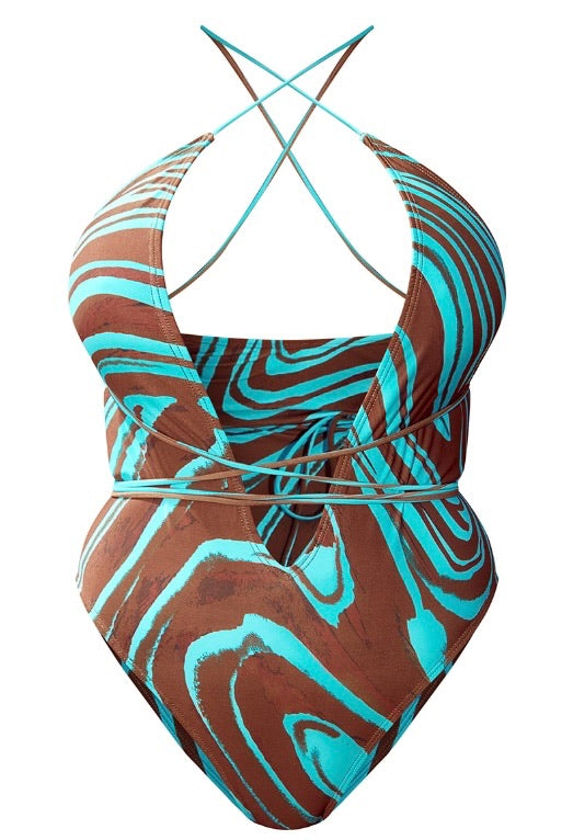 Pretty Little Thing Blue and Brown Abstract Marble Strappy Plunge Cross Halterneck One Piece NWT- Size 16 (US 12) Discount