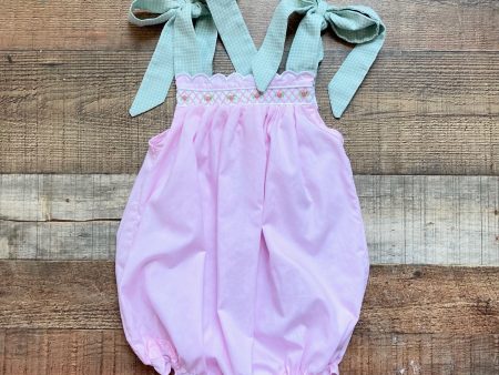 The Smocking Place Pink Bubble with Green Checkered Shoulder Tie Straps- Size 3T For Sale