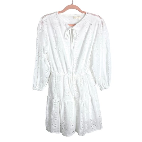 Goodnight Macaroon White Eyelet Lined Sheer Sleeve Dress NWT- Size M on Sale