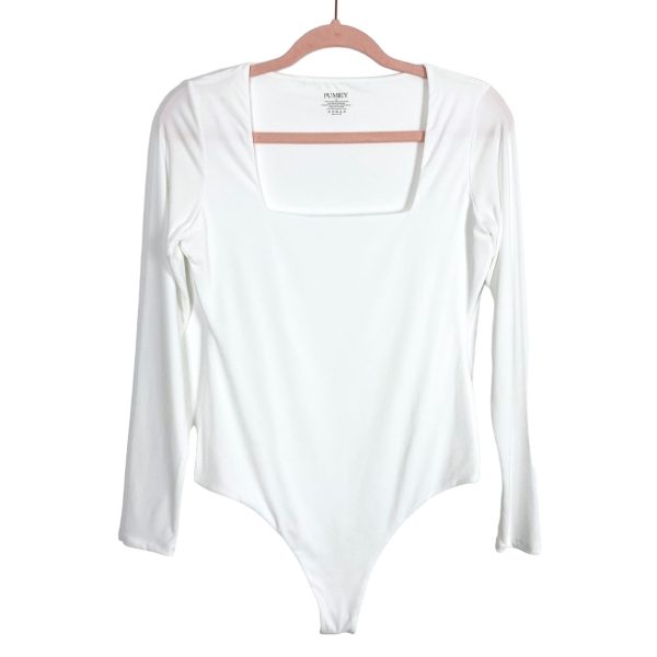 Pumiey White Square Neck Long Sleeve Bodysuit- Size M Hot on Sale