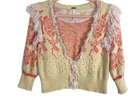 Free People Cream Pink and Orange Front Button Fringe Trim Sweater Cardigan- Size S (see notes) For Sale