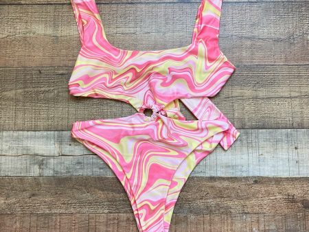 Sweat Szn Pink and Yellow Marble Ring Cutout Back Tie One Piece- Size L Cheap