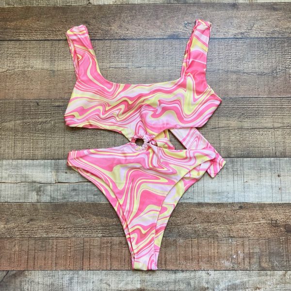 Sweat Szn Pink and Yellow Marble Ring Cutout Back Tie One Piece- Size L Cheap