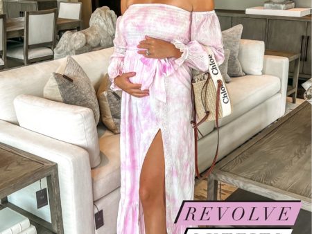 Tularosa Pink Tie-Dye Smocked Bodice Off the Shoulder Eyelet Sleeves Front Slit Dress- Size M (sold out online) Fashion