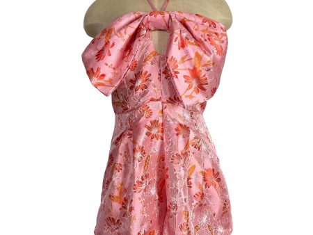 Buddy Love Pink Metallic Floral Front Bow Halter Tie Romper- Size S For Sale