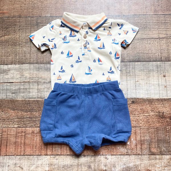 Tommy Bahama Sailboat Polo Onesie and Blue Shorts Set- Size 3-6M (sold as a set) Online