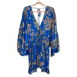 Free People Blue Printed Deep V Front and Back Tie Satin Dress- Size M (sold out online) Fashion