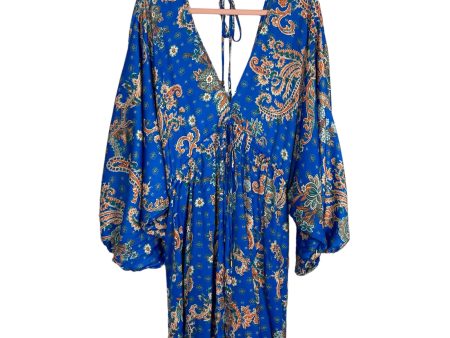 Free People Blue Printed Deep V Front and Back Tie Satin Dress- Size M (sold out online) Fashion