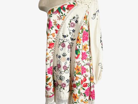 Farm Rio Cream Linen Bird and Floral Print Embroidered One Shoulder Dress- Size S Online Sale