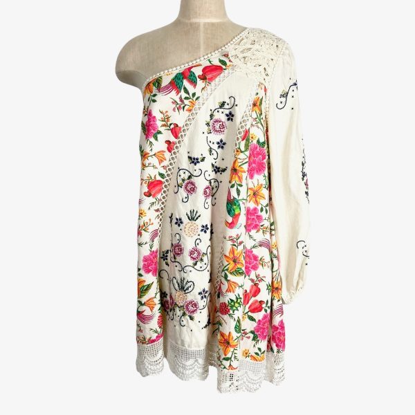 Farm Rio Cream Linen Bird and Floral Print Embroidered One Shoulder Dress- Size S Online Sale