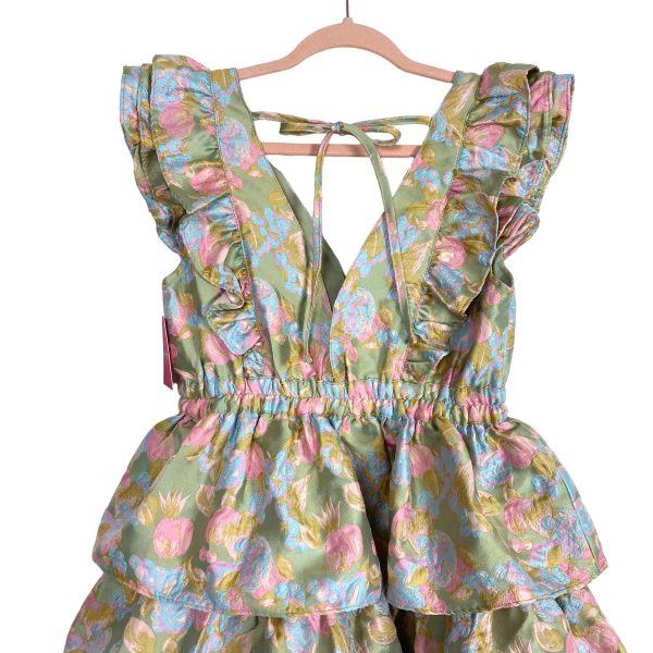 Buddy Love Green with Blue and Pink Floral Ruffle Tiered Tie Back Dress NWT- Size M For Discount