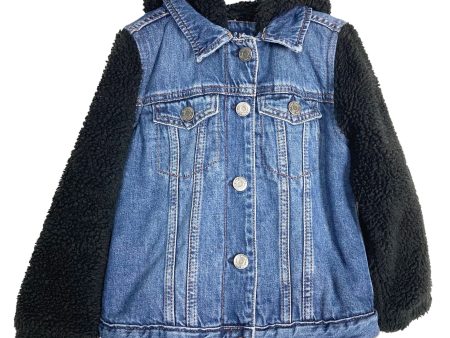 Gap Kids Denim with Black Fleece Sleeves and Hood Fleece Lined Jacket-Size XS on Sale