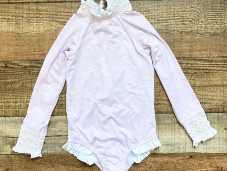 Sun House Children s Light Purple with Orange Flowers Smocked Ruffle Long Sleeve One Piece- Size 5 Sale