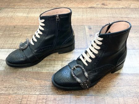 Authentic Pre-Owned Gucci Black Leather Buckled Lace Up Boots- Size 36 For Cheap