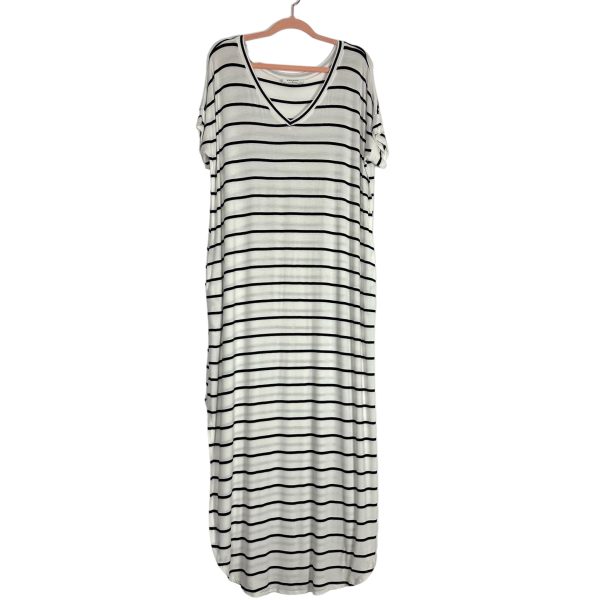 Zenana White and Black Striped Round Hem Side Slits V-Neck Shirt Dress- Size S Online Hot Sale