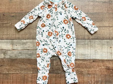 Loulou Lollipop Beige Caramel White Green Floral Print Zip Up Convertible Footie Outfit- Size 0-3M Supply