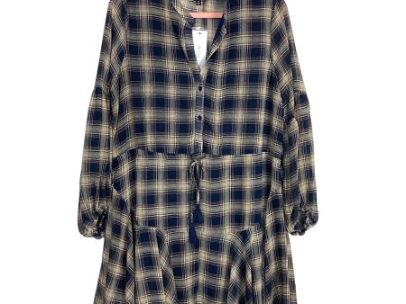 Aakaa Navy Mocha Plaid with Drawstring Waist and Sheer Back Sleeves Dress NWT- Size S Sale