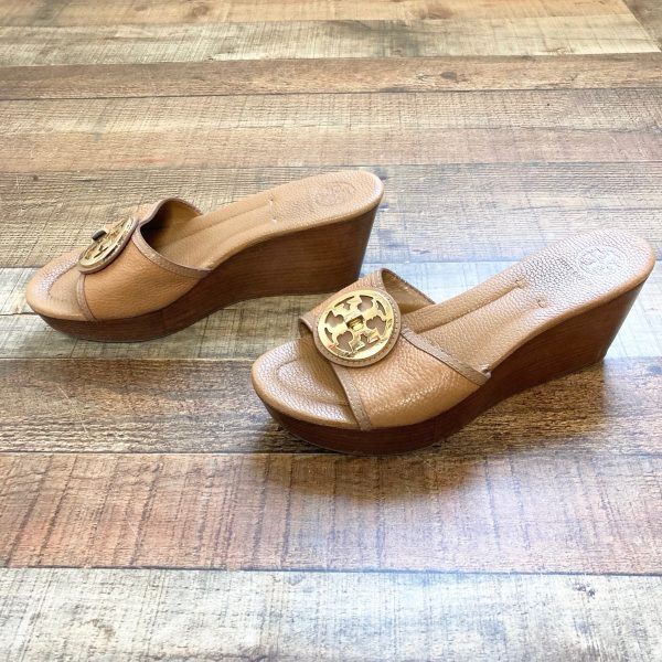 Tory Burch Camel Leather Wedge Slip On Sandals- Size 10 (see notes) Online now