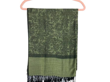 Pashmina Green Black Pattern 100% Pashmina Tassel Fringe Scarf Online now