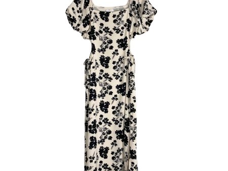 Vestique Ivory Black Floral Pattern with Puff Sleeves and Side Cut Outs Midi Dress NWT- Size M on Sale