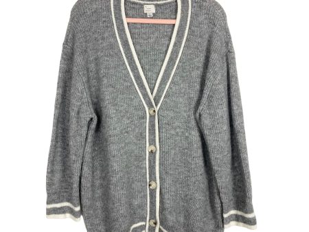 A New Day Gray with Gray Ivory Striped Trim Button Cardigan Sweater- Size L For Sale