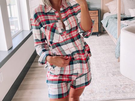 Aerie White Red Green Plaid Flannel Pajama Top- Size XS (sold out online) Online Sale