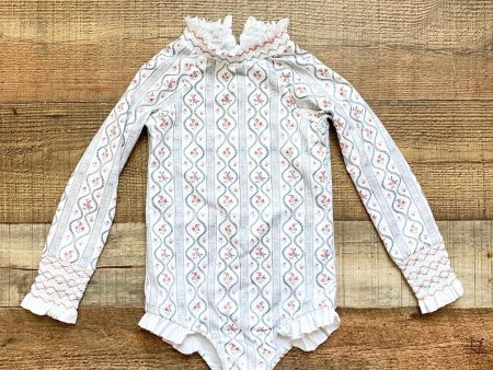 Sun House Children s Red Flowers Gray Stripes Smocked Ruffle Long Sleeve One Piece- Size 4 For Sale