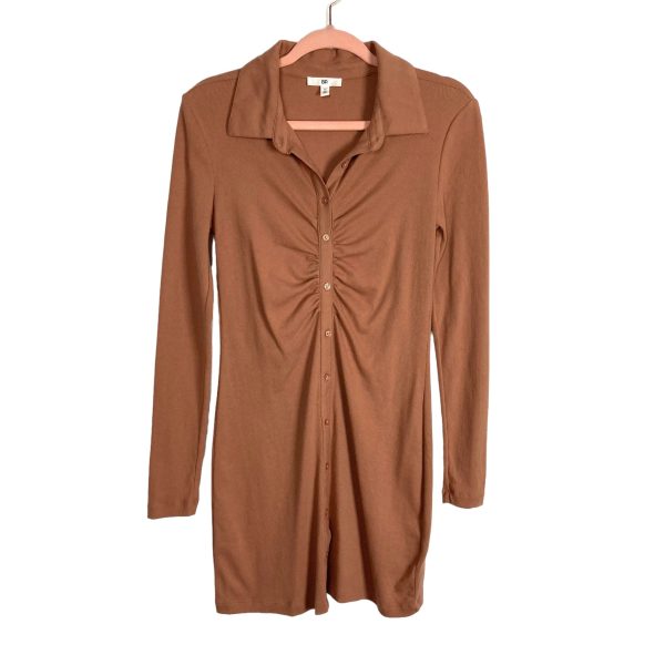 BP Camel Faux Button Up Ribbed Ruched Shirt Dress- Size M (sold out online) Discount