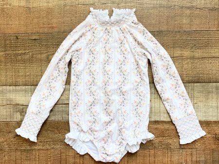 Sun House Children s Yellow Orange Purple Floral Pattern Stripes Smocked Ruffle Long Sleeve One Piece- Size 4 Online Hot Sale