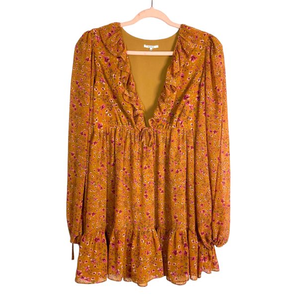 Tularosa Burnt Orange Floral Ruffle V-Neck Dress- Size M For Sale