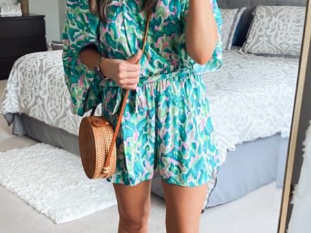 Cupshe Green Pink Patterned with Snap Front and Tie Belt Romper- Size S Online