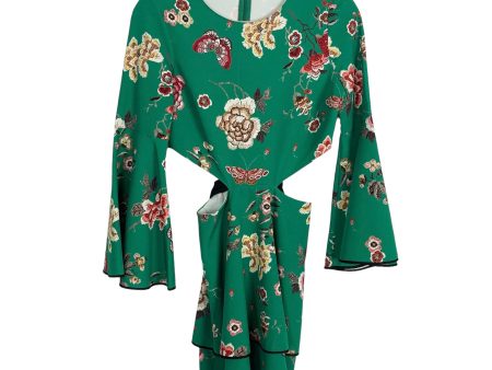 Zara Woman Green Floral Side Cutout Belted Bell Sleeve Dress- Size XS For Sale