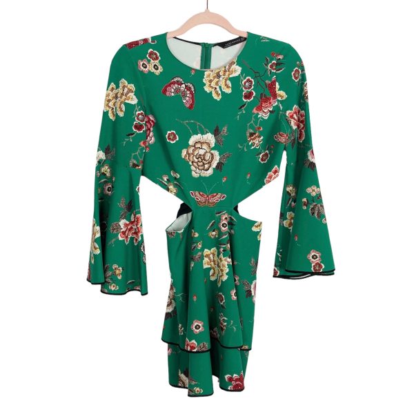 Zara Woman Green Floral Side Cutout Belted Bell Sleeve Dress- Size XS For Sale