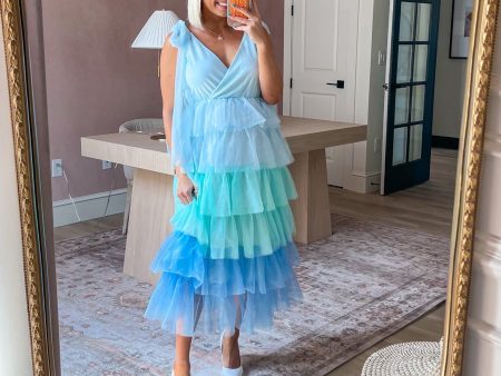 AURA Blue and Green Tulle Tiered Belted Dress- Size S (sold out online) Hot on Sale