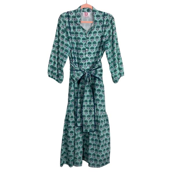 Victoria Dunn Sage Forest Green Floral Print Button Front with Tie Belt Maxi Dress- Size XS M Online Sale