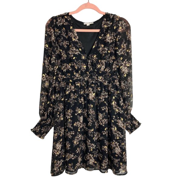 By the River Black Floral with Gold Metallic Leaves and Surplice Top Dress- Size M For Sale