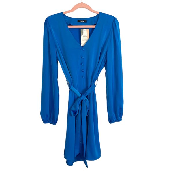 BTFBM Blue Satin with Faux Buttons and Tie Belt Dress NWT- Size L For Discount