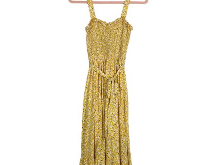 Carly Jean Yellow Floral with Tie Belt Smocked Dress- Size XS For Discount