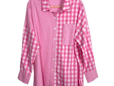 Zesica Pink White Large and Small Checked Color Block Button Up- Size XL Online Sale